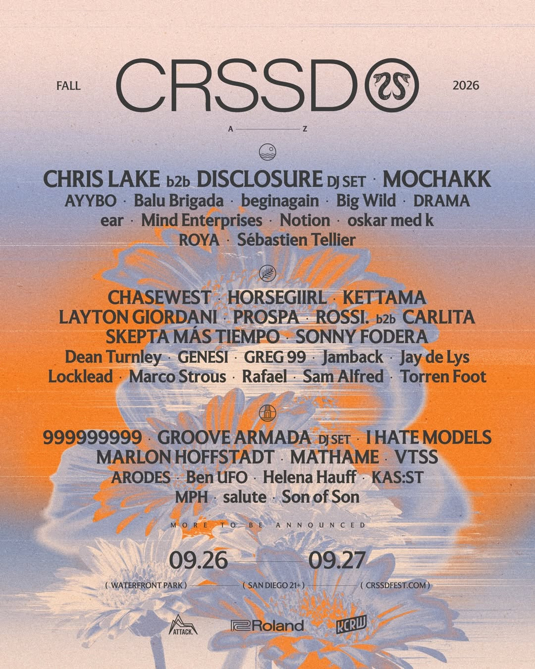 CRSSD Festival 2026 Lineup featuring Chris Lake B2B Disclosure, Mochakk, Skepta Más Tiempo, Sonny Fodera and I Hate Models